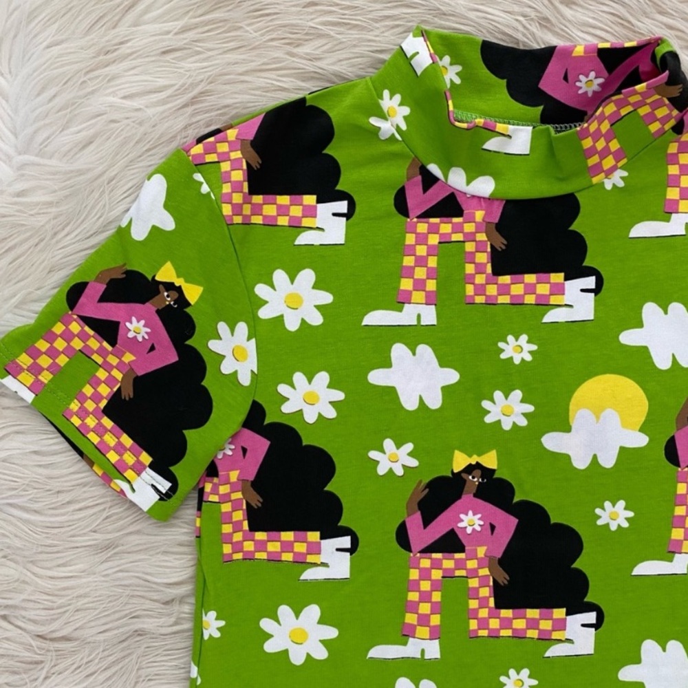 Nooworks Green Short Sleeve Mock Neck Pink Groovy Checkered Ladies Shirt Top - Picture 3 of 9